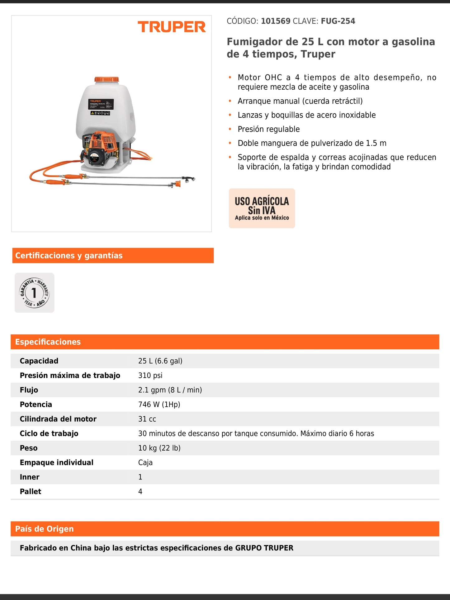 Fumigador de 25 L con motor a gasolina de 4 tiempos