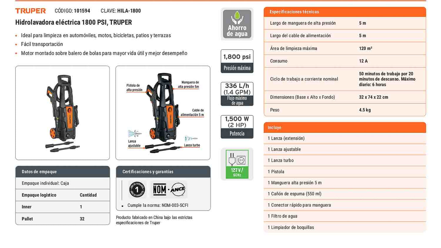 Hidrolavadora eléctrica 1800 PSI