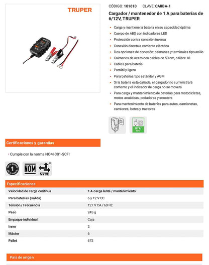 Cargador mantenedor 1 A 6/12V