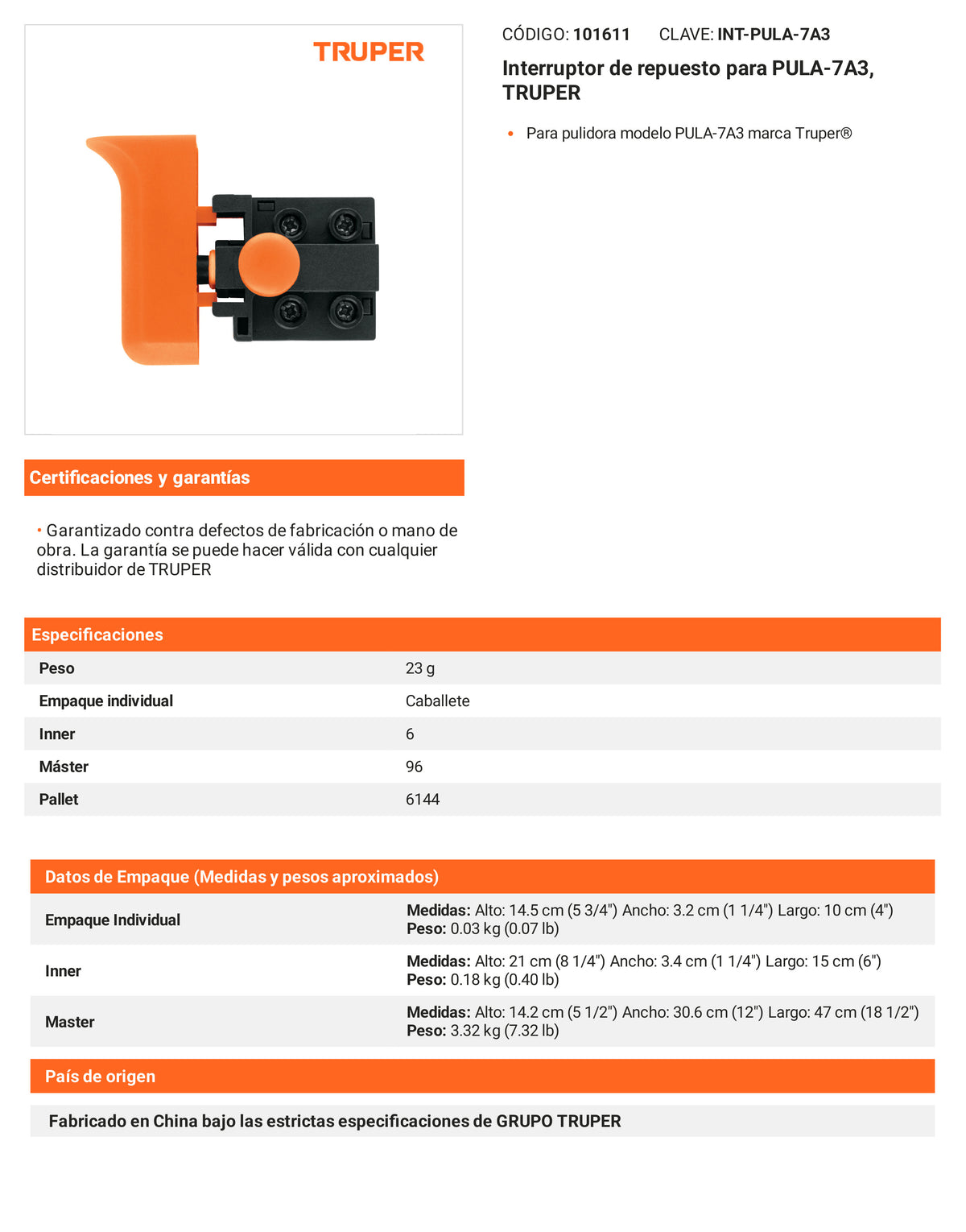 Ficha tecnica - Interruptor para PULA-7A3 - SKU 101611