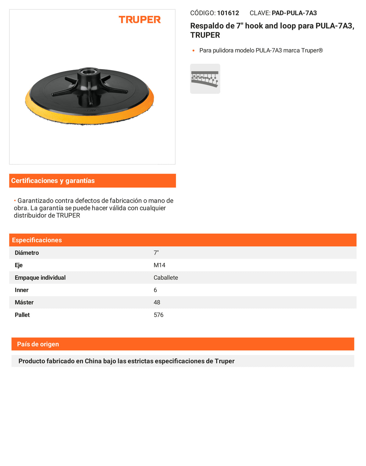 Ficha tecnica - Respaldo de 7 pulg hook and loop PULA-7A3 - SKU 101612