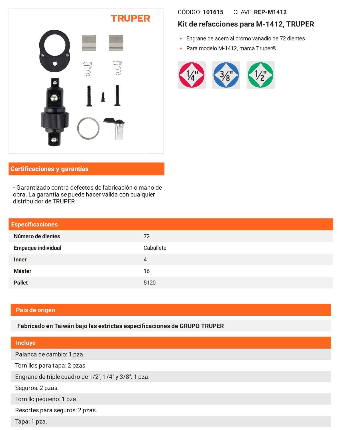 Ficha tecnica - Kit de refacciones para M-1412 - SKU 101615