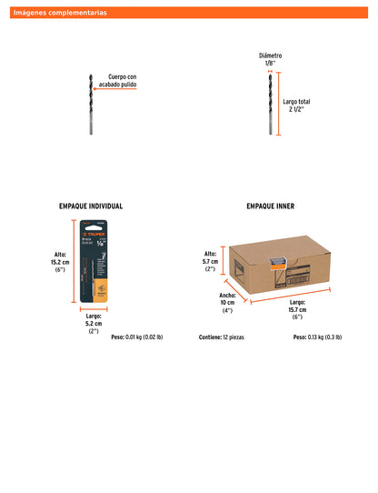 Broca para madera con punta centradora de 1/8"