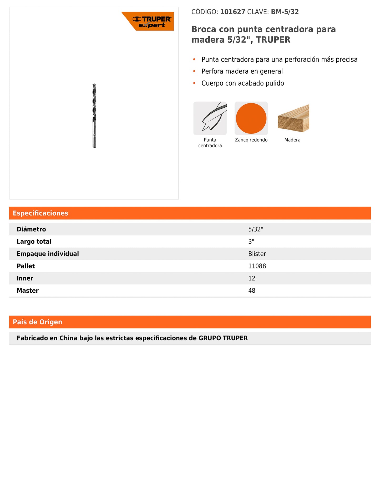 Broca para madera con punta centradora de 5/32"