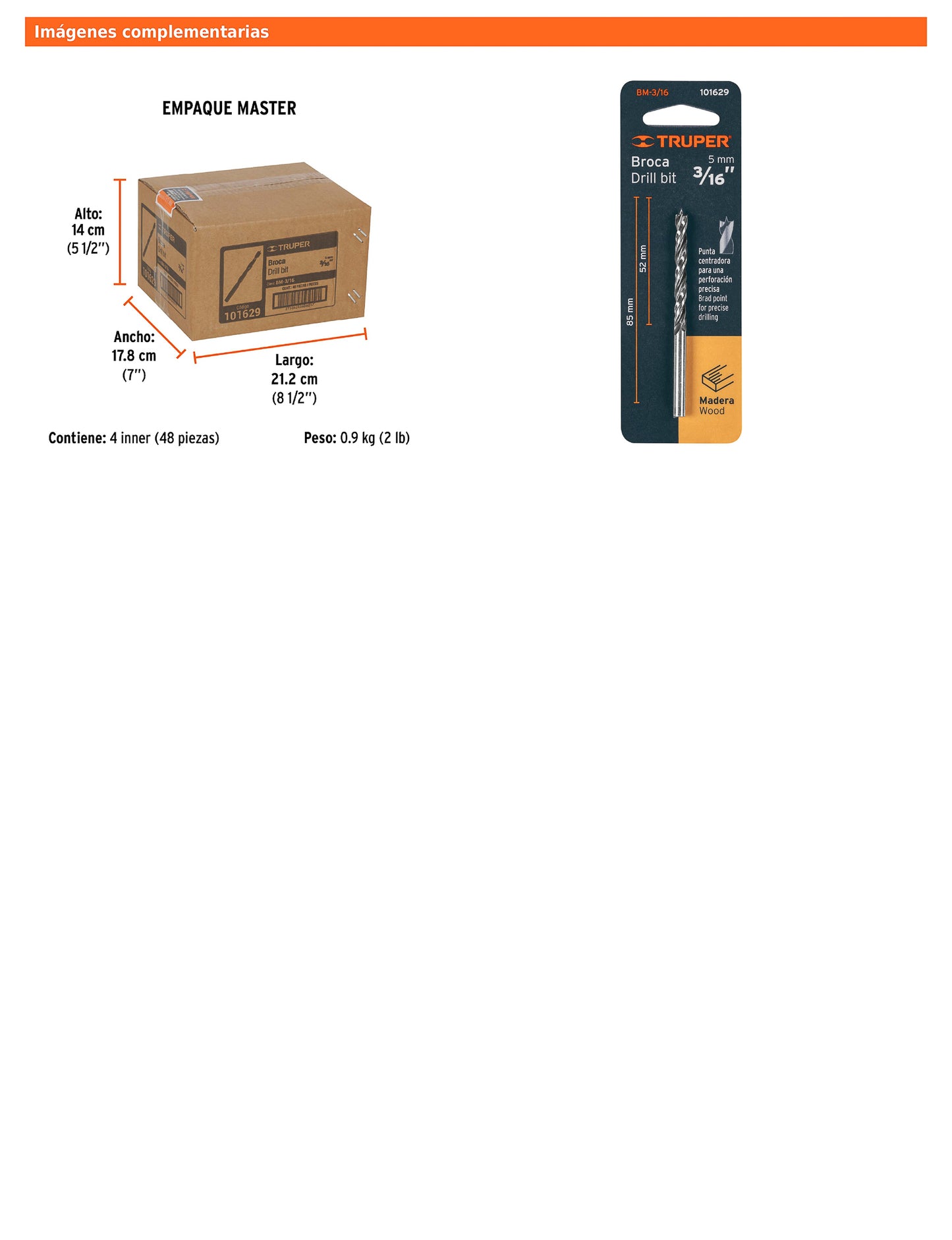 Broca para madera con punta centradora de 3/16"