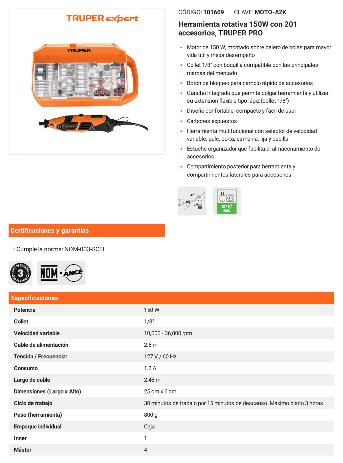 Ficha tecnica - Herramienta rotativa 150W con 201 accesorios - SKU 101669