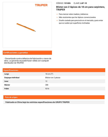 Blíster 2 lápices de carpintero 18 cm