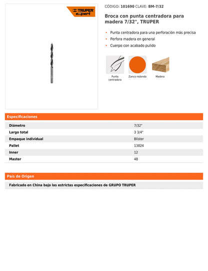 Broca para madera con punta centradora de 7/32"