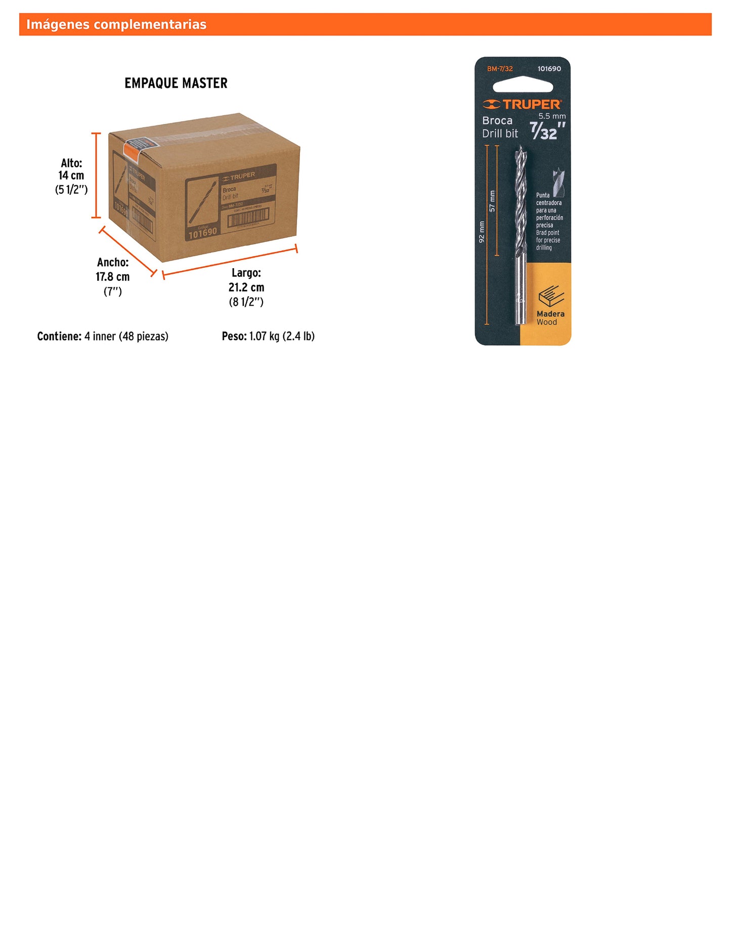 Broca para madera con punta centradora de 7/32"