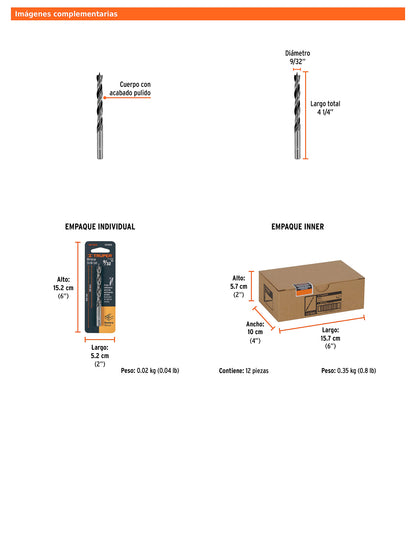 Broca para madera con punta centradora de 9/32"