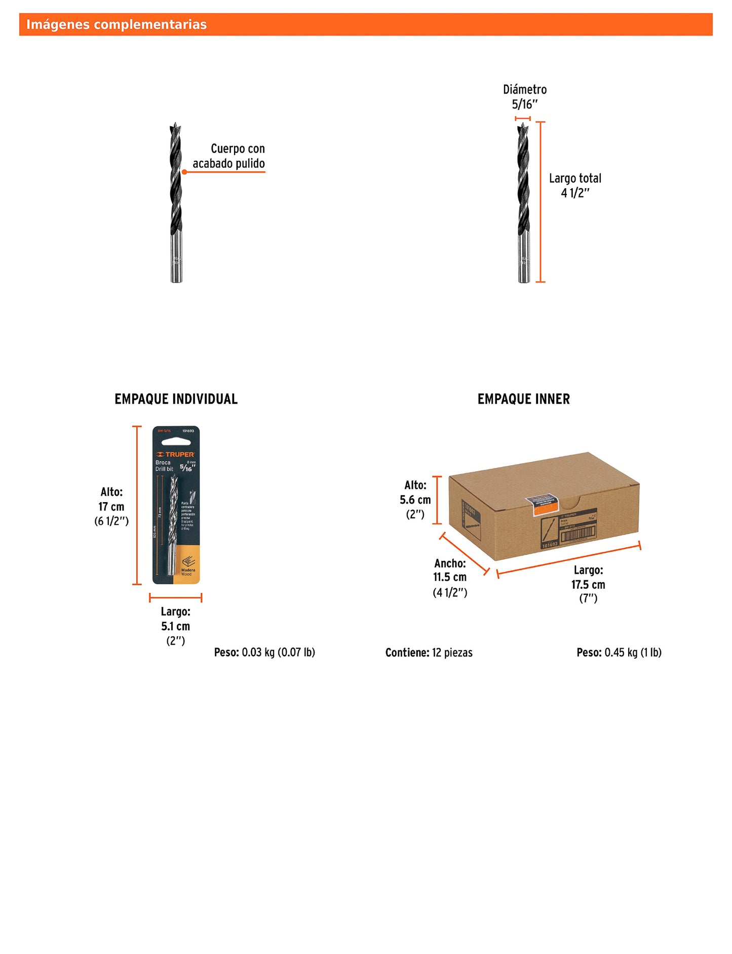 Broca para madera con punta centradora de 5/16"