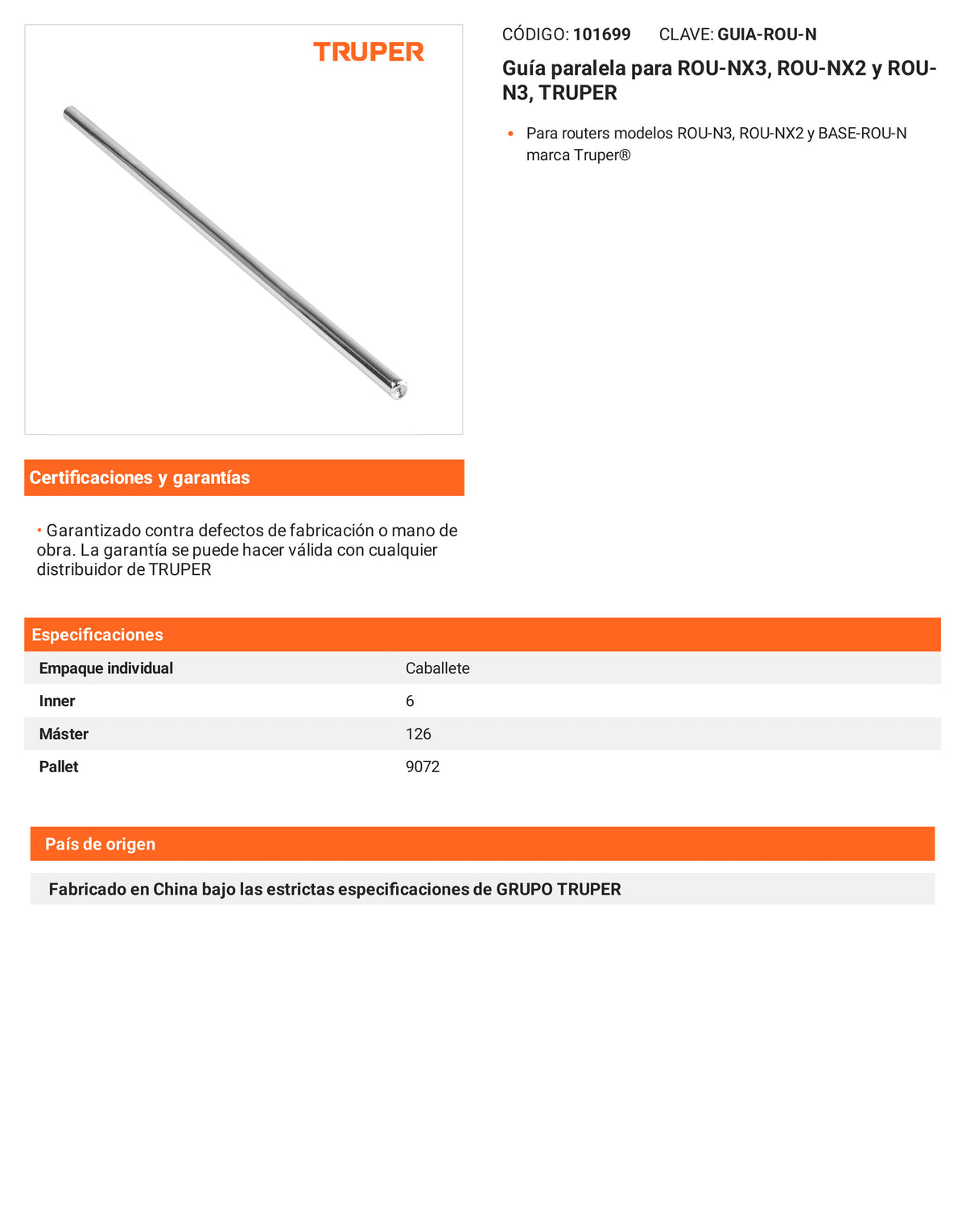 Ficha tecnica - Guia paralela para ROU-NX3 ROU-NX2 y ROU-N3 - SKU 101699