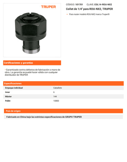 Ficha tecnica - Collet de 1/4 pulg para ROU-NX2 - SKU 101701
