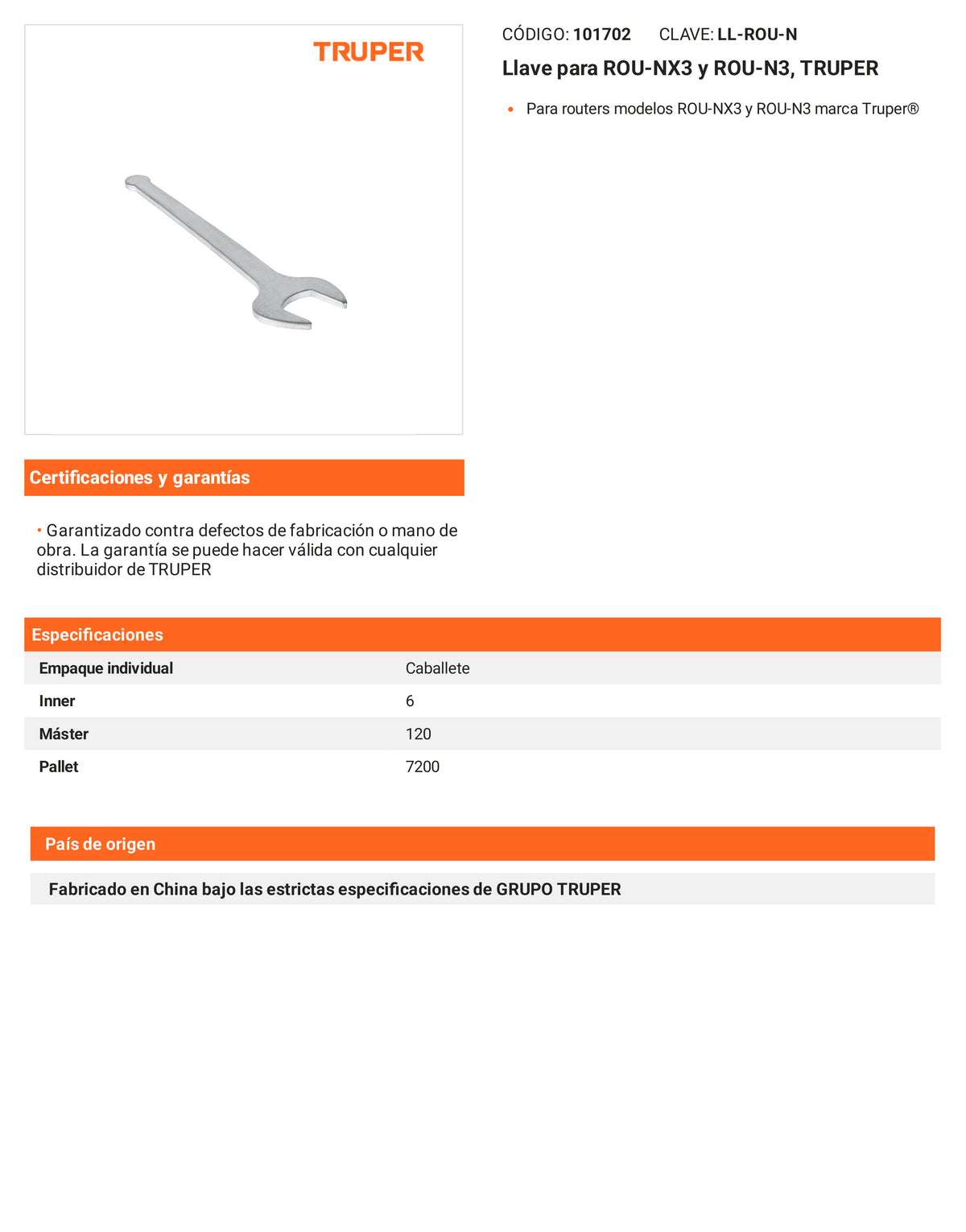 Ficha tecnica - Llave para ROU-NX3 y ROU-N3 - SKU 101702