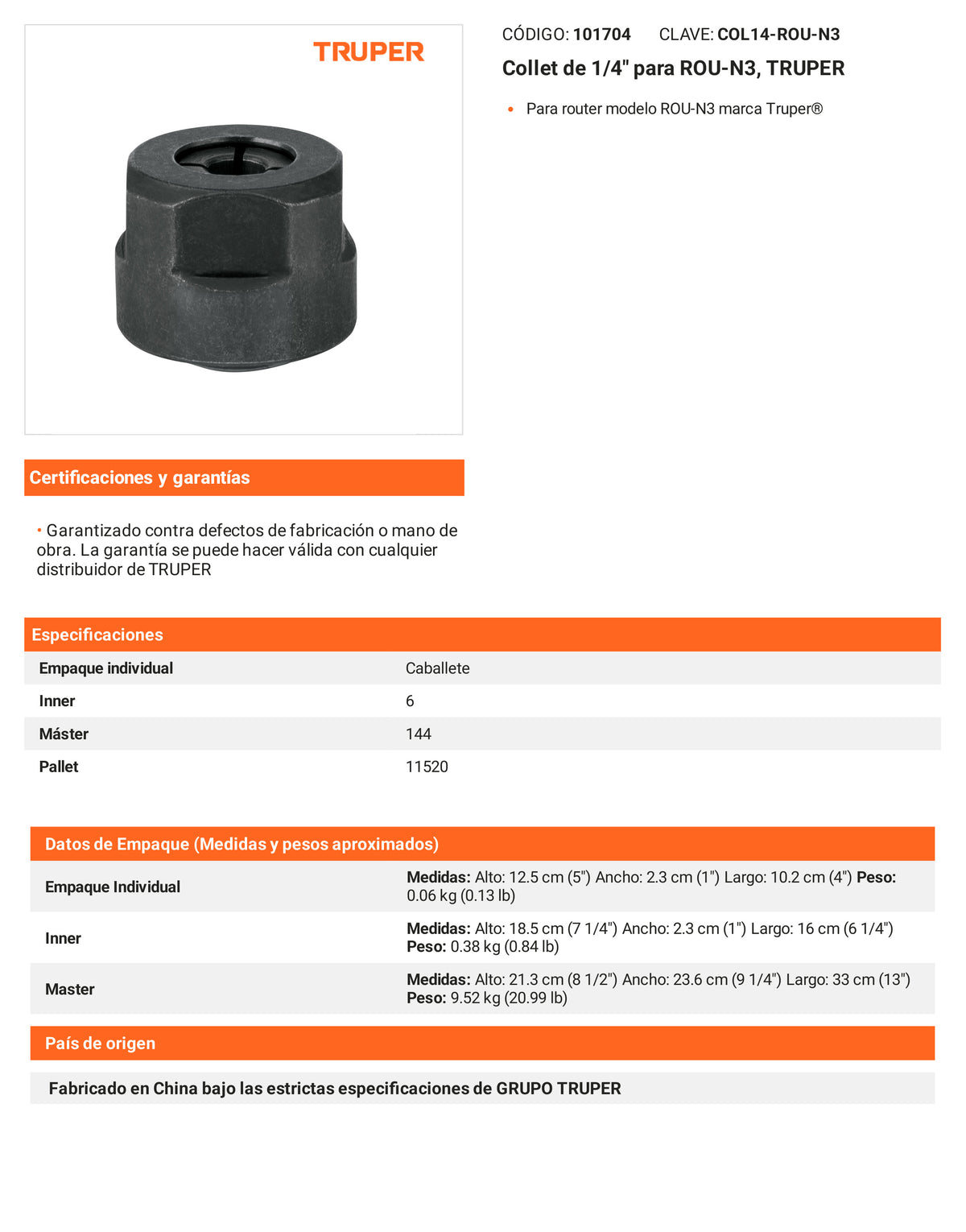 Ficha tecnica - Collet de 1/4 pulg para ROU-N3 - SKU 101704