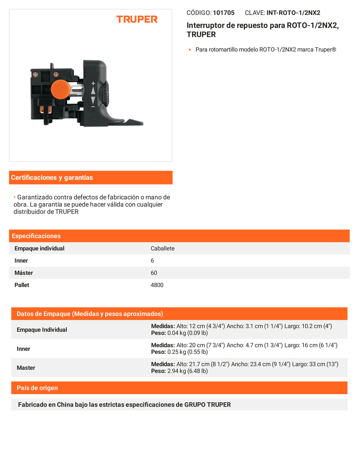 Ficha tecnica - Interruptor para ROTO-1/2NX2 - SKU 101705