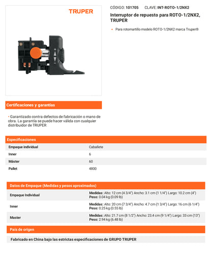 Ficha tecnica - Interruptor para ROTO-1/2NX2 - SKU 101705