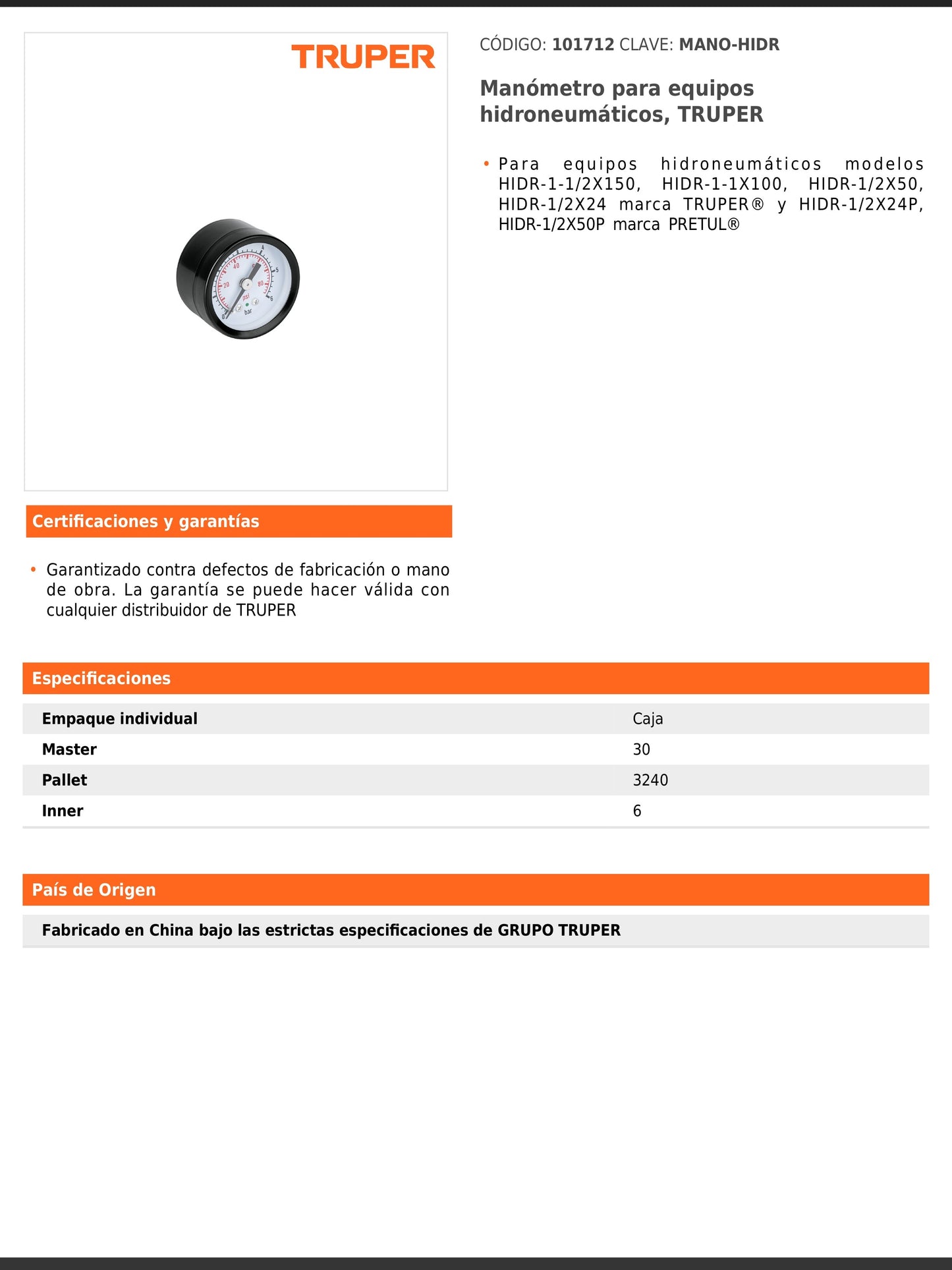 Manómetro para equipos hidroneumáticos