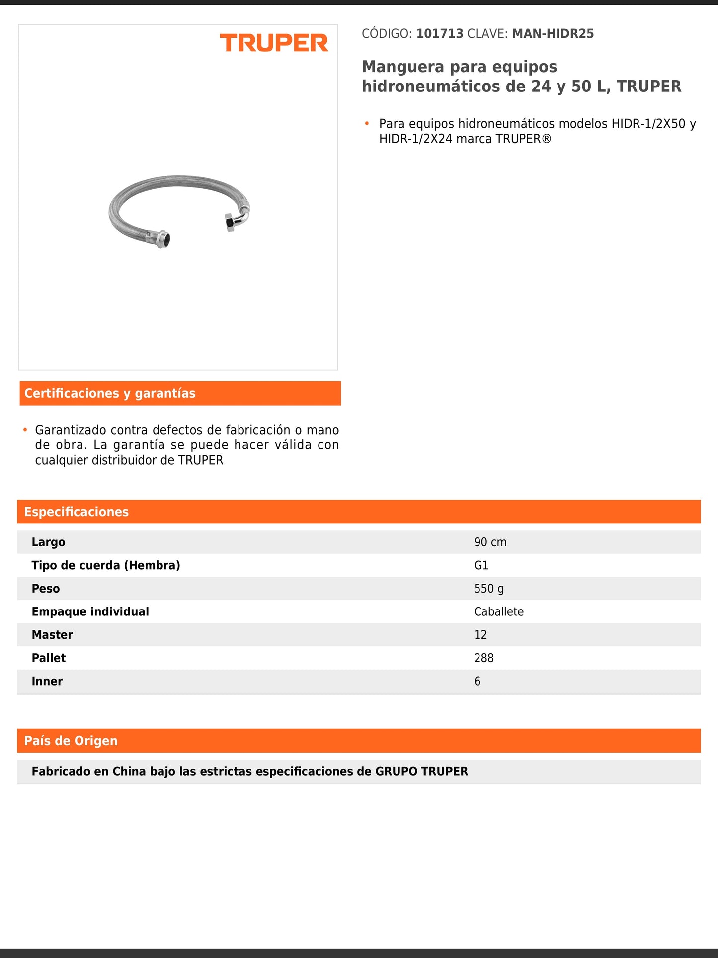 Manguera para equipos hidroneumáticos de 24 y 50 litros
