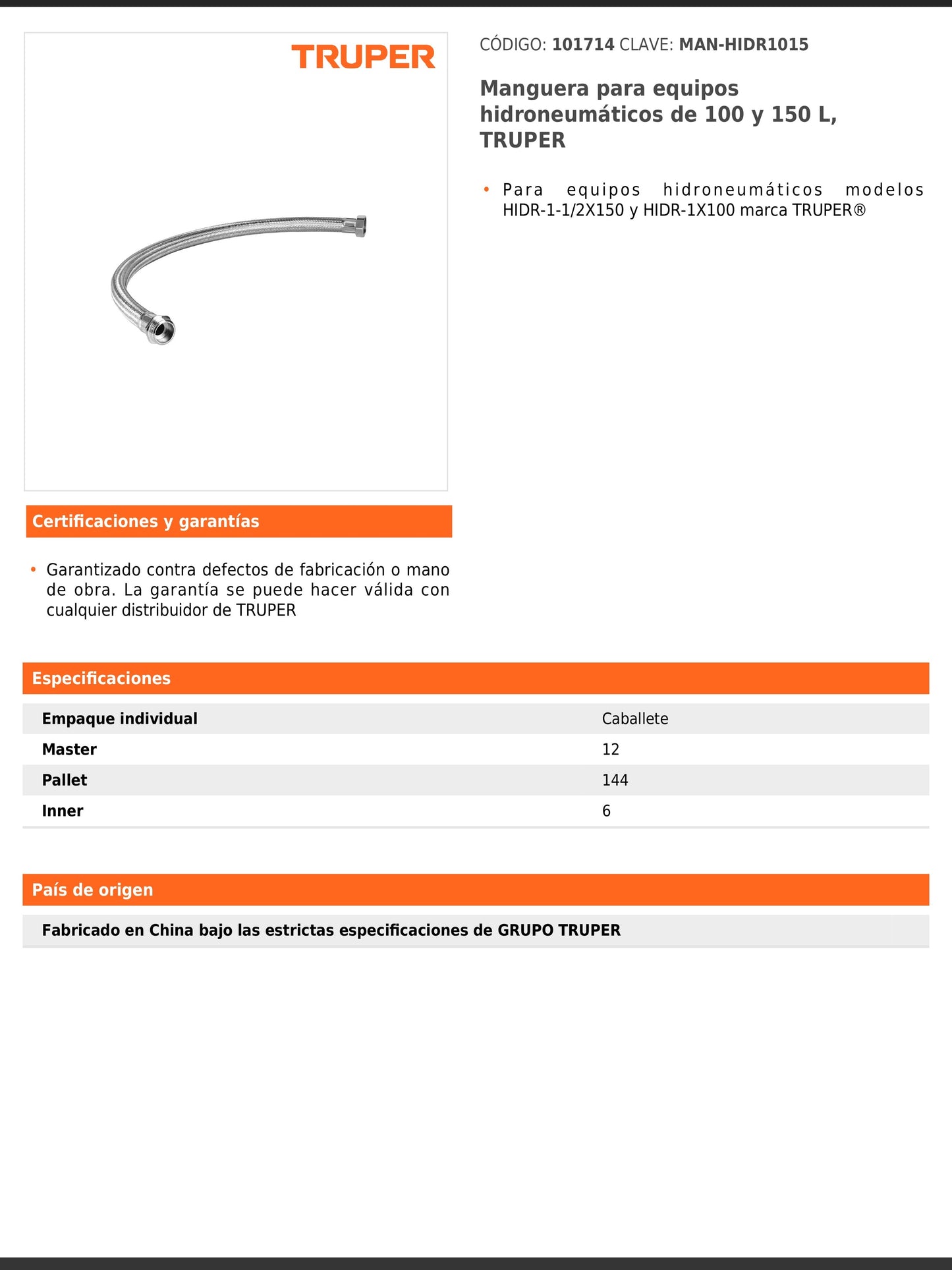 Manguera para equipos hidroneumáticos de 100 y 150 litros