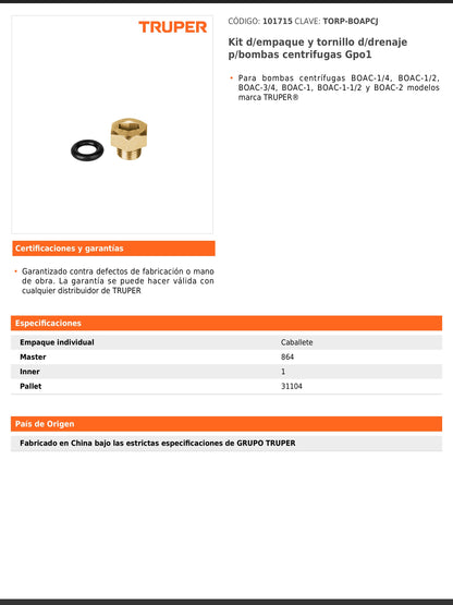 Kit de empaque y tornillo de drenaje para bombas centrífugas Grupo 1