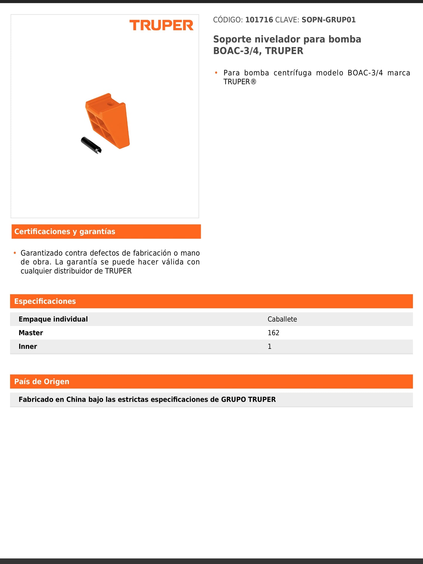 Soporte nivelador para bomba BOAC de 3/4