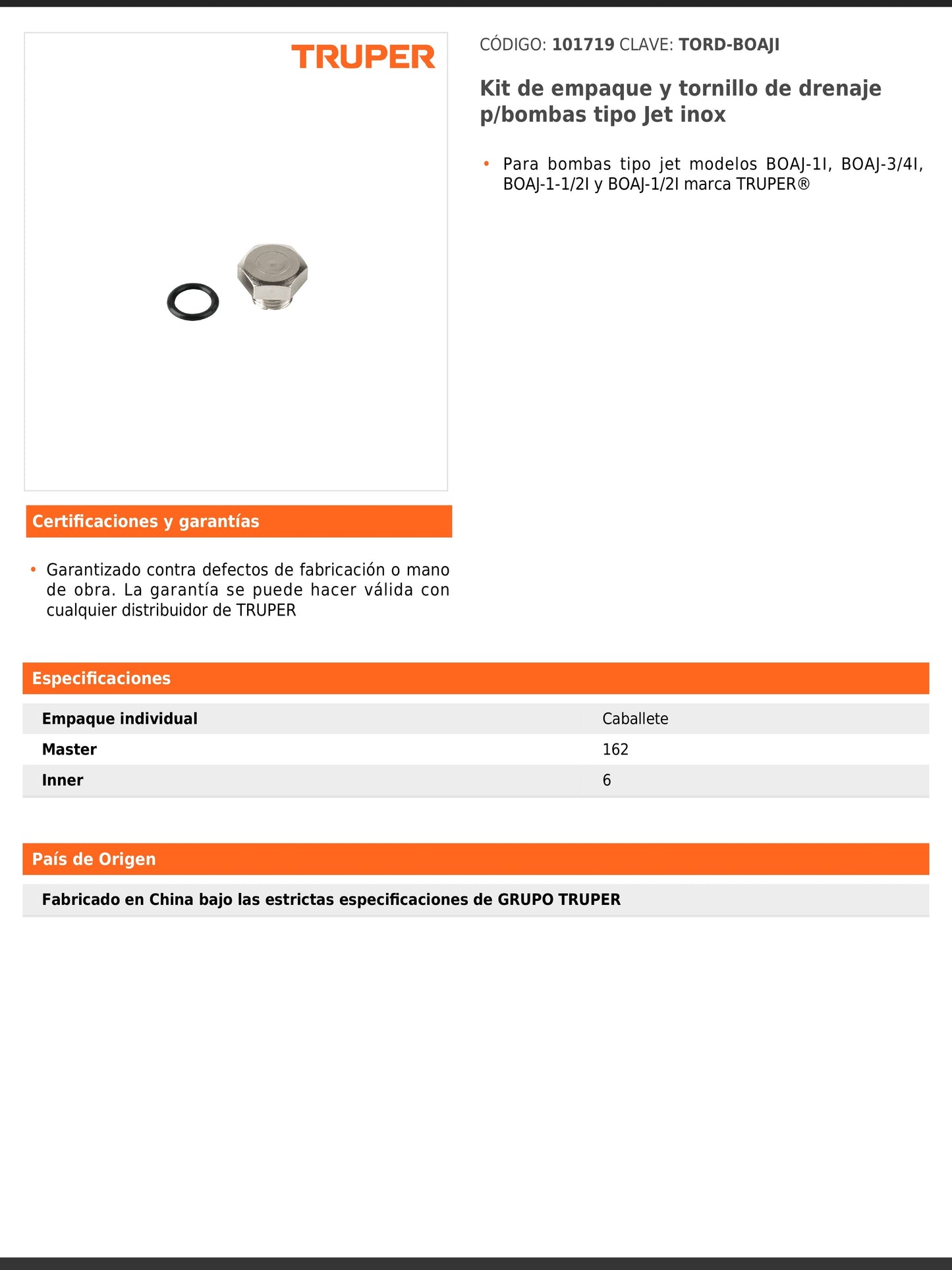 Kit de empaque y tornillo de drenaje para bombas tipo Jet inox