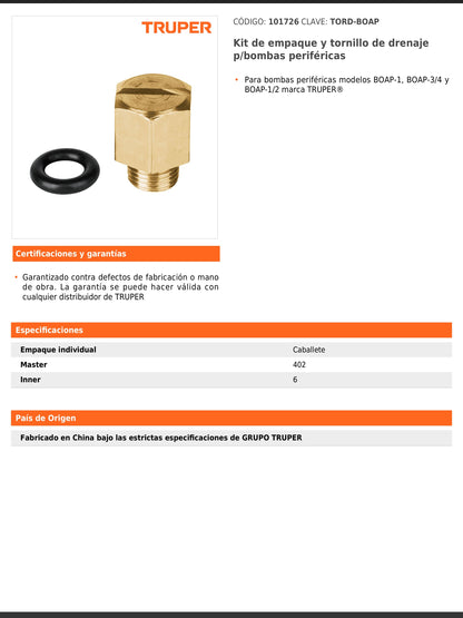 Kit de empaque y tornillo de drenaje para bombas periféricas
