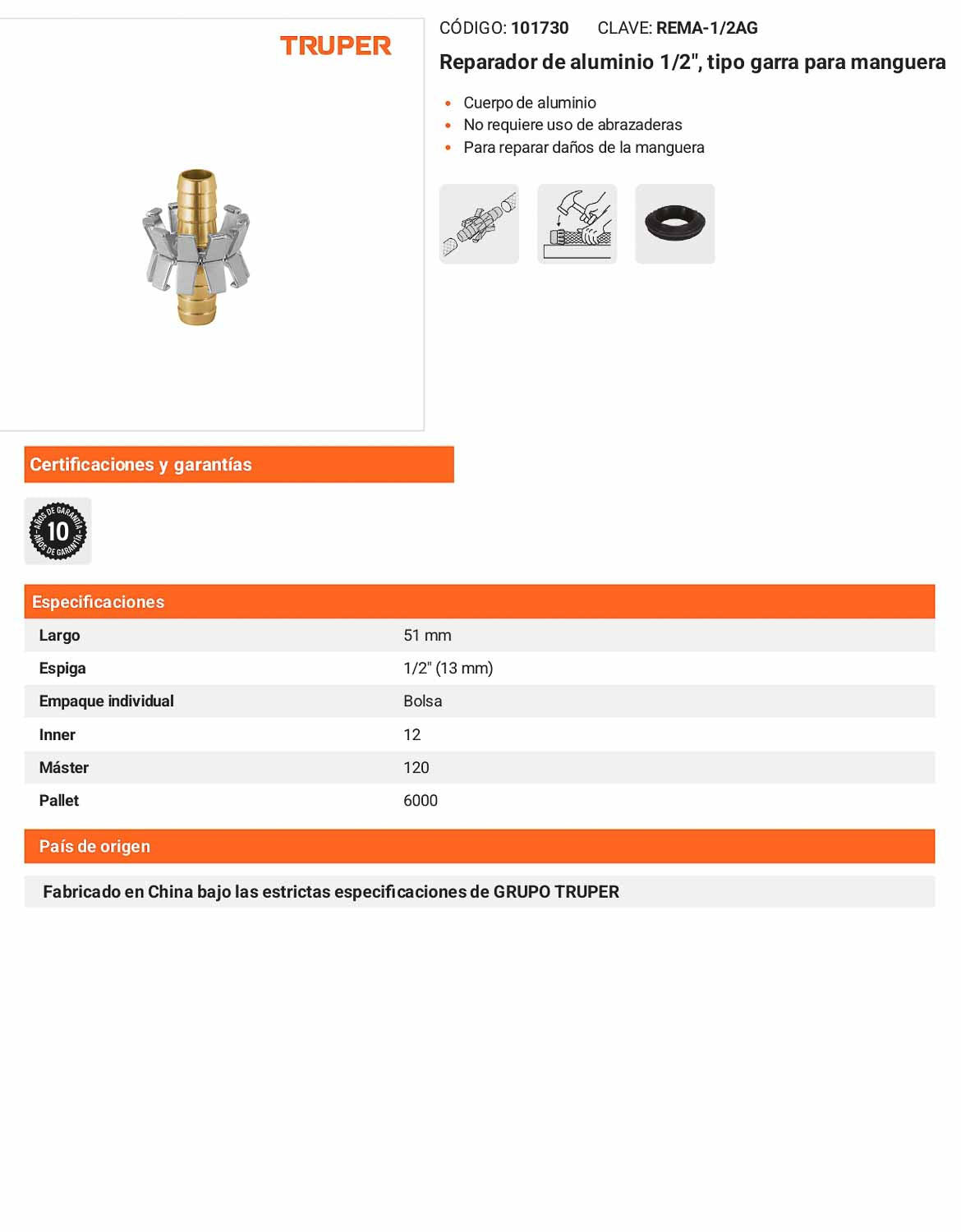 Reparador de aluminio 1/2pulg. tipo garra para