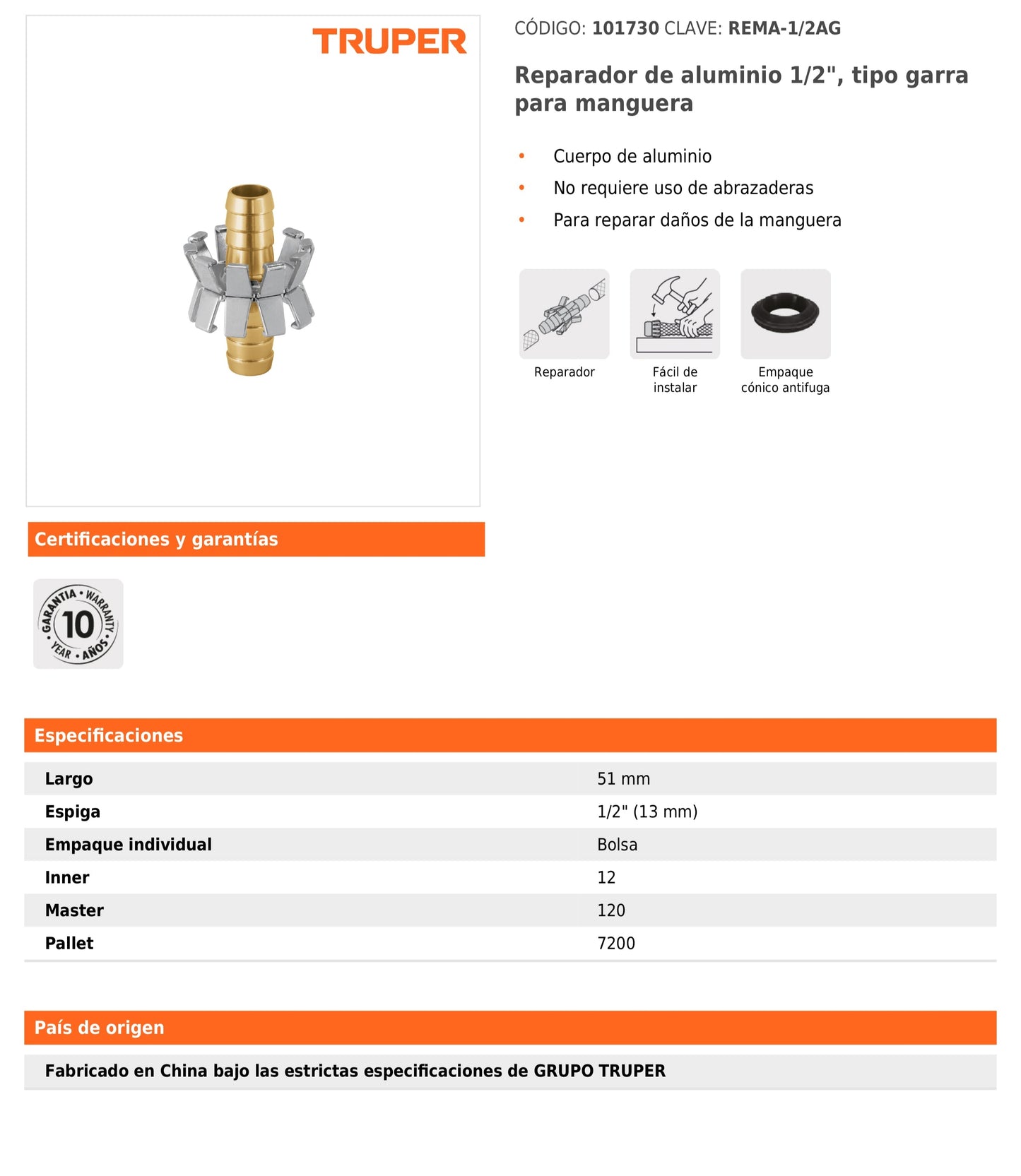 Reparador tipo garra de aluminio para manguera de 1/2"