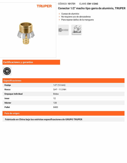 Conector 1/2pulg. macho tipo garra de aluminio