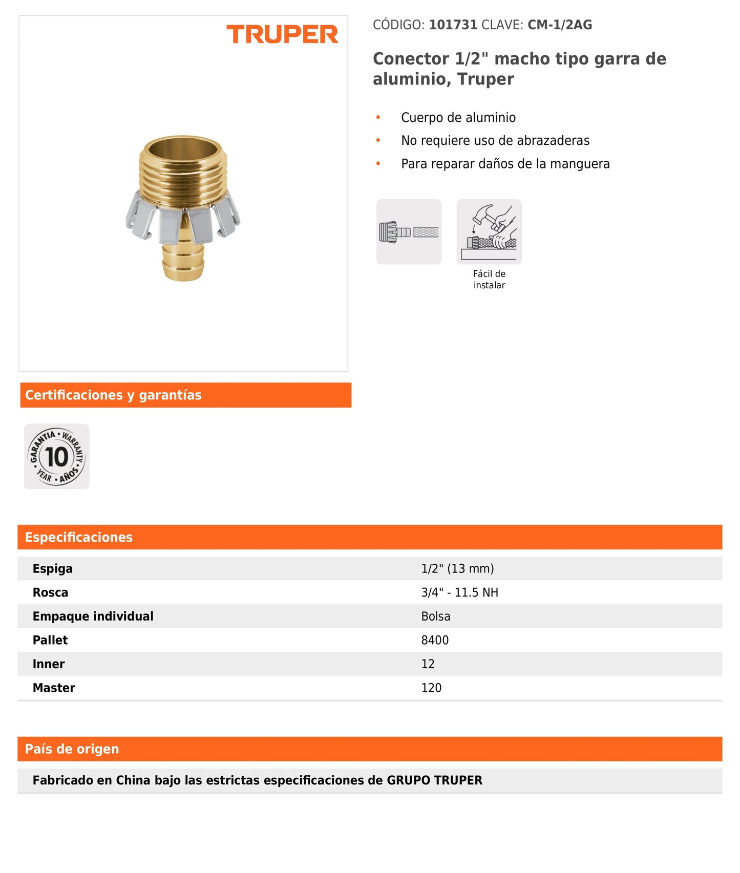 Conector macho tipo garra de aluminio para manguera de 1/2"