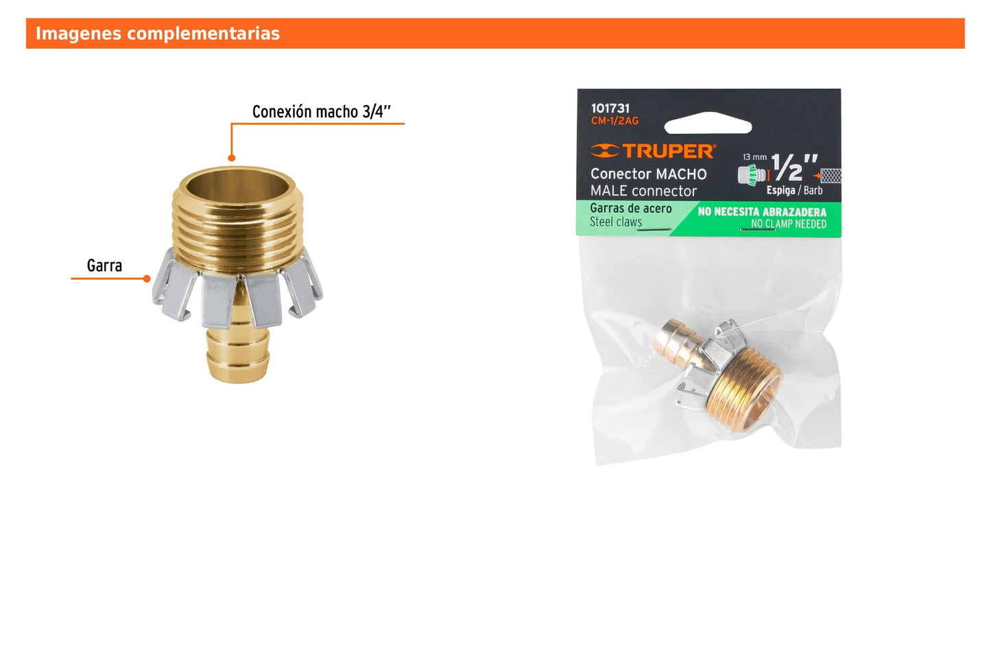 Conector macho tipo garra de aluminio para manguera de 1/2"