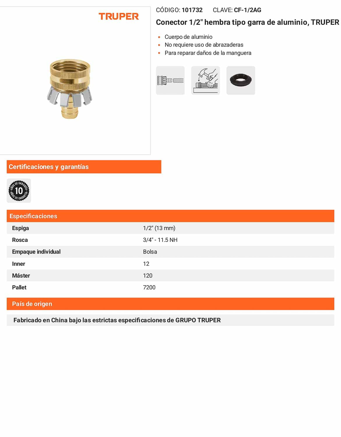 Conector 1/2pulg. hembra tipo garra de aluminio