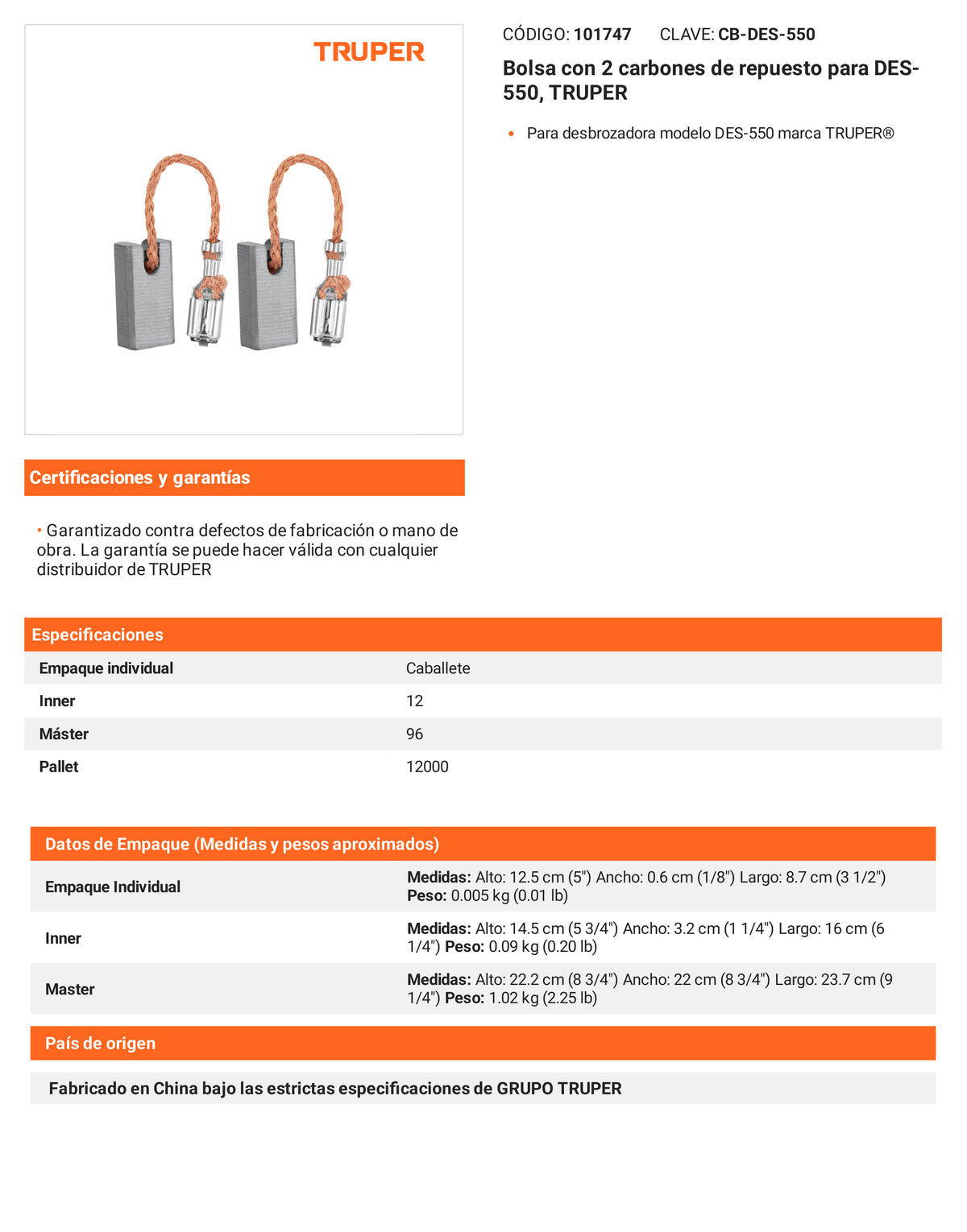 Ficha tecnica - 2 carbones para DES-550 - SKU 101747