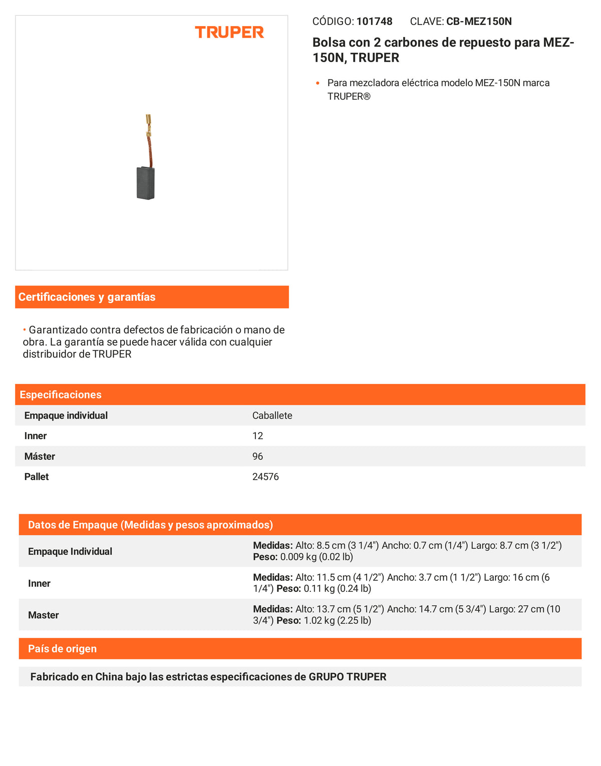 Ficha tecnica - 2 carbones para MEZ-150N - SKU 101748