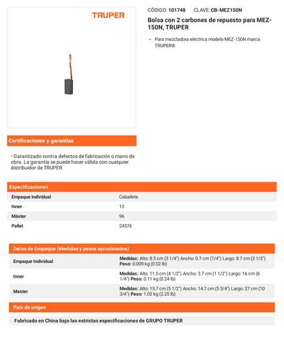 Ficha tecnica - 2 carbones para MEZ-150N - SKU 101748