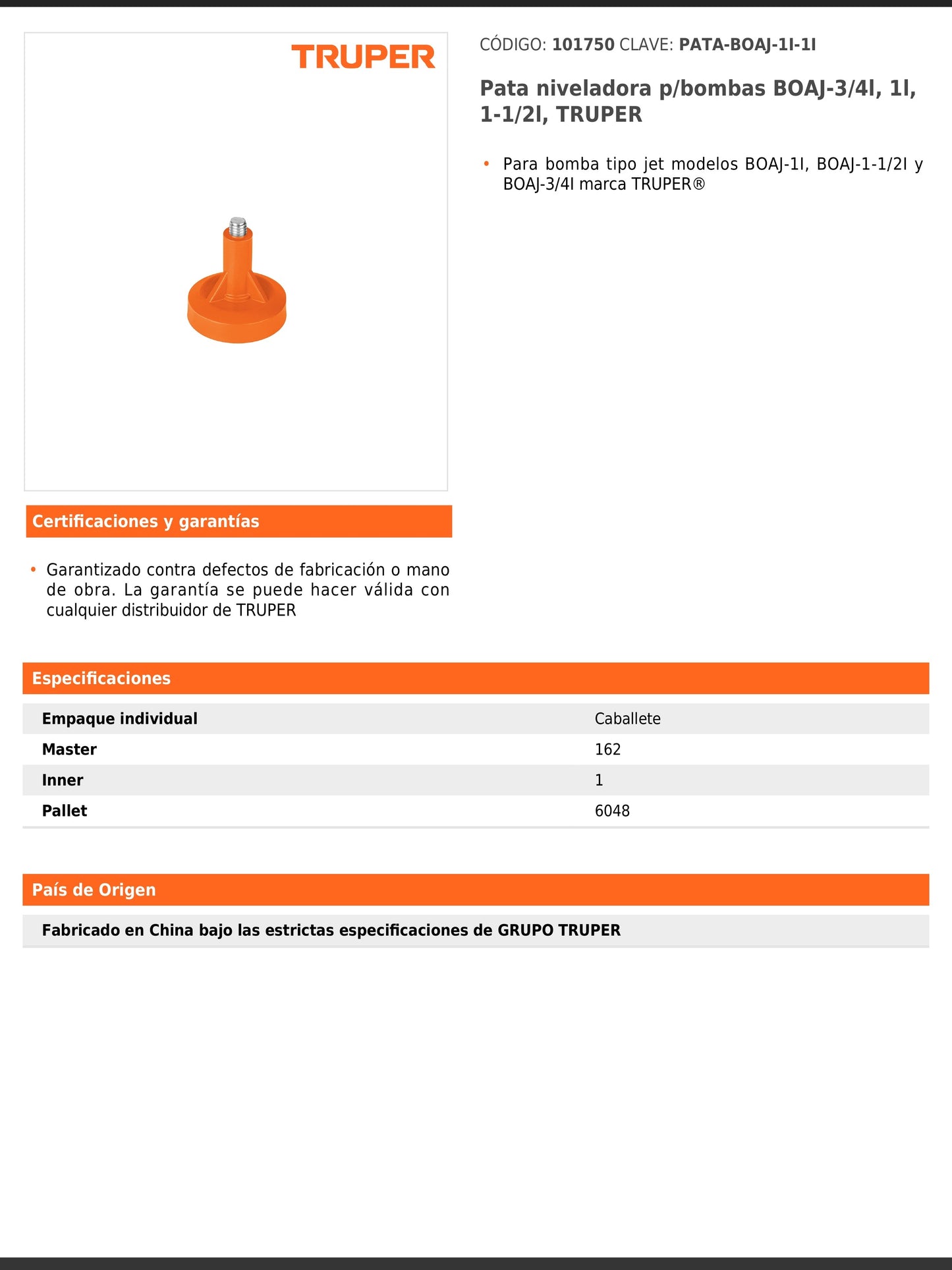 Pata niveladora para bombas BOAJ de 3/4, 1 y 1 1/2 litros