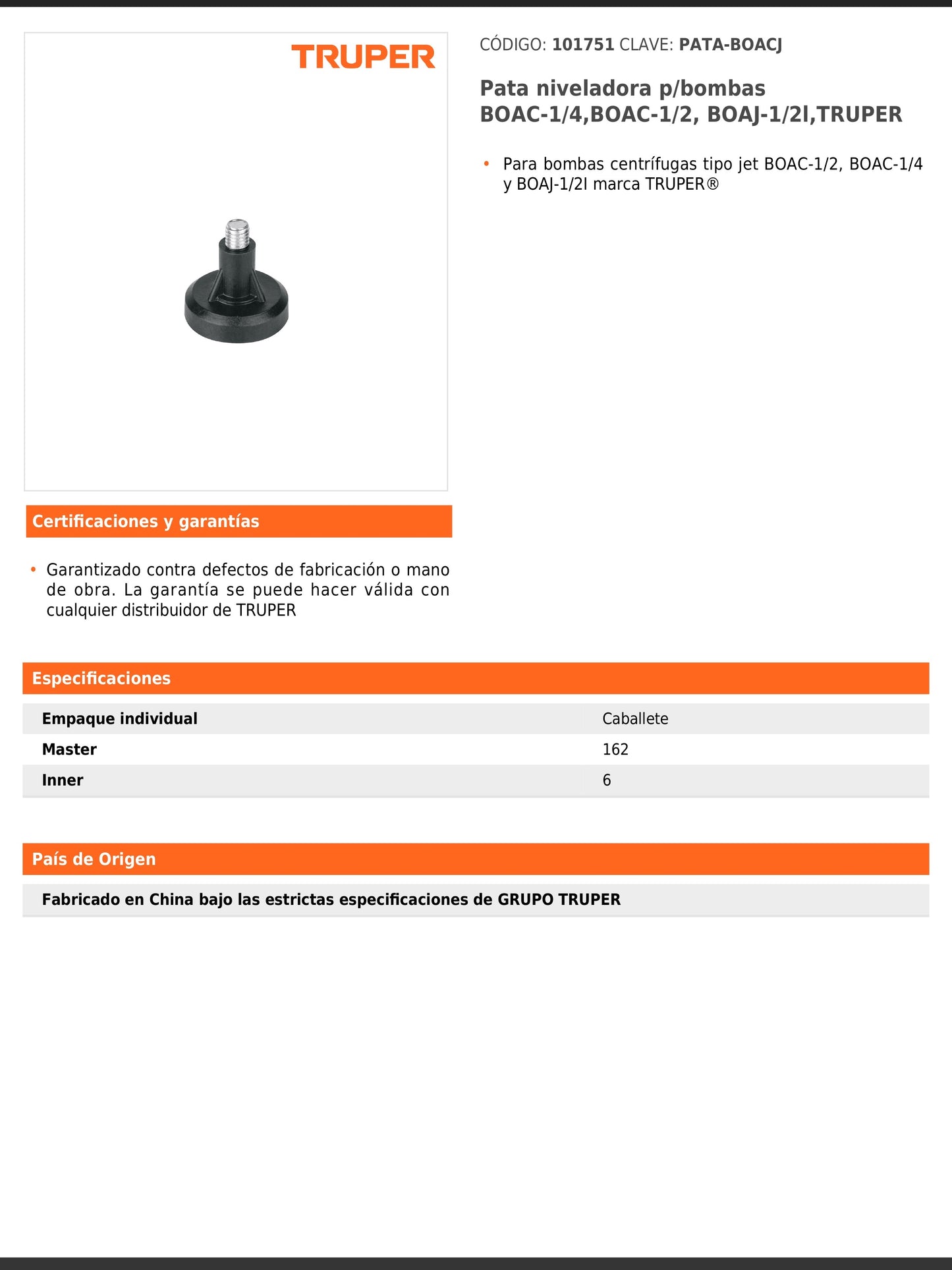 Pata niveladora para bombas BOAC de 1/4 y 1/2 y BOAJ de 1/2 litro