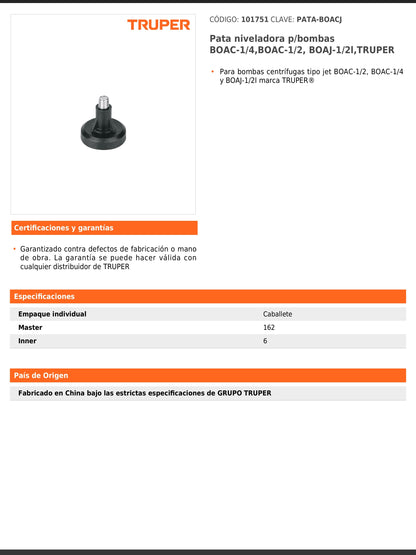 Pata niveladora para bombas BOAC de 1/4 y 1/2 y BOAJ de 1/2 litro