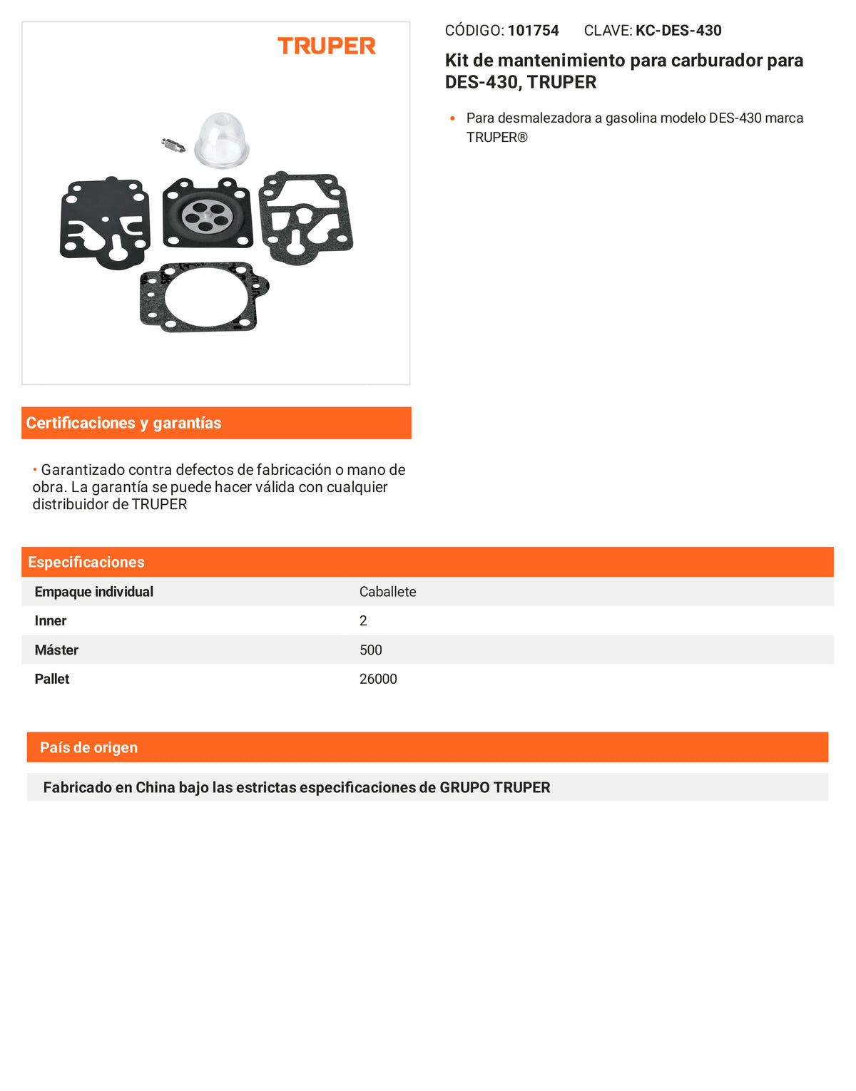 Ficha tecnica - Kit de mantenimiento para carburador para DES-430 - SKU 101754
