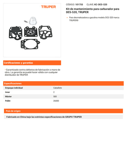 Ficha tecnica - Kit de mantenimiento para carburador para DES-520 - SKU 101755
