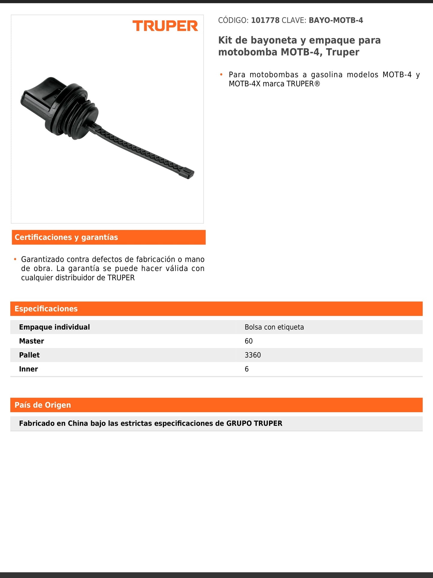 Kit de bayoneta y empaque para motobomba MOTB 4