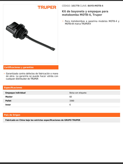 Kit de bayoneta y empaque para motobomba MOTB 4