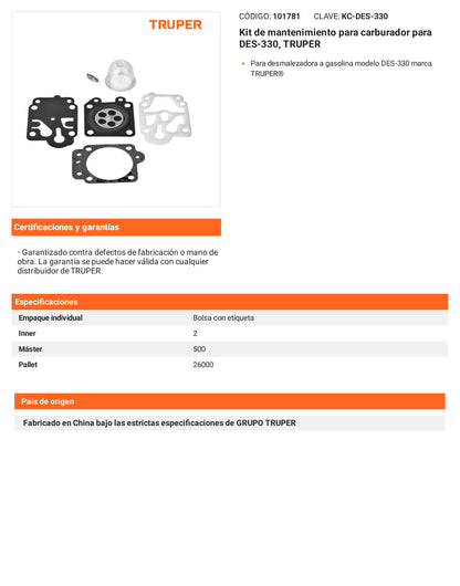 Ficha tecnica - Kit de mantenimiento para carburador para DES-330 - SKU 101781