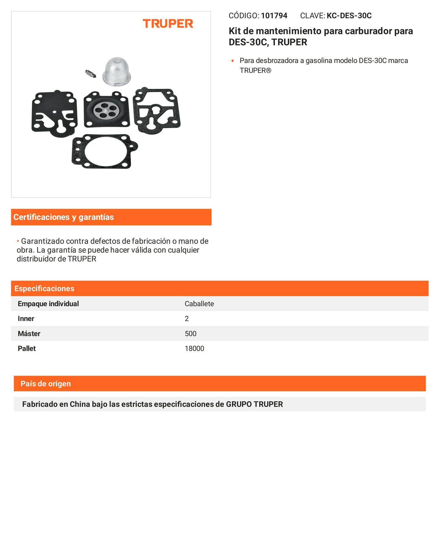 Ficha tecnica - Kit de mantenimiento para carburador para DES-30C - SKU 101794