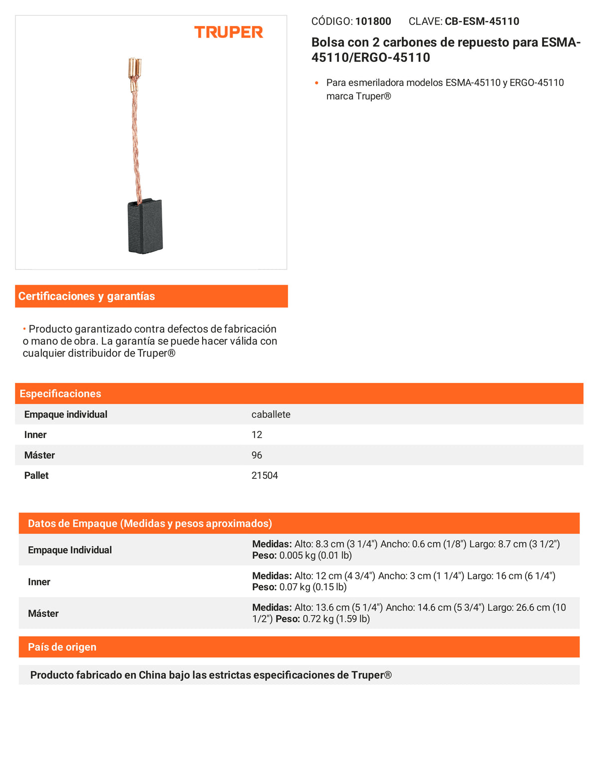 Ficha tecnica - 2 carbones para ESMA-45110/ERGO-45110 - SKU 101800