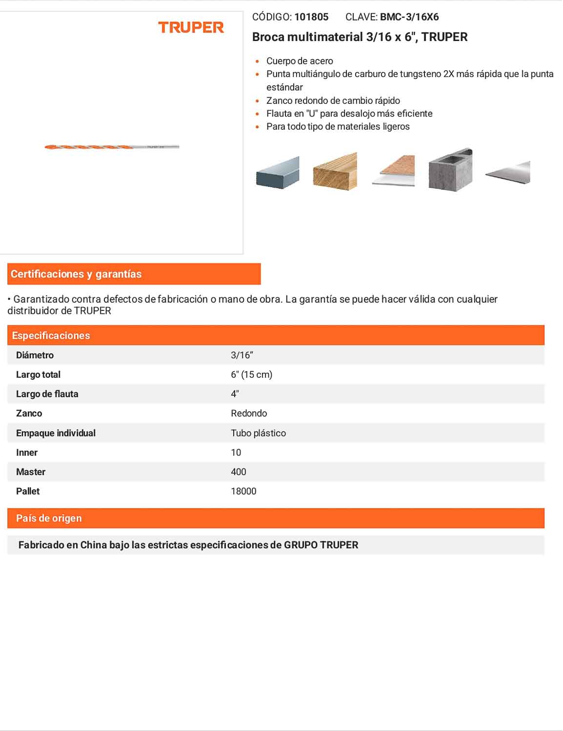 Broca multimaterial 3/16 x 6"