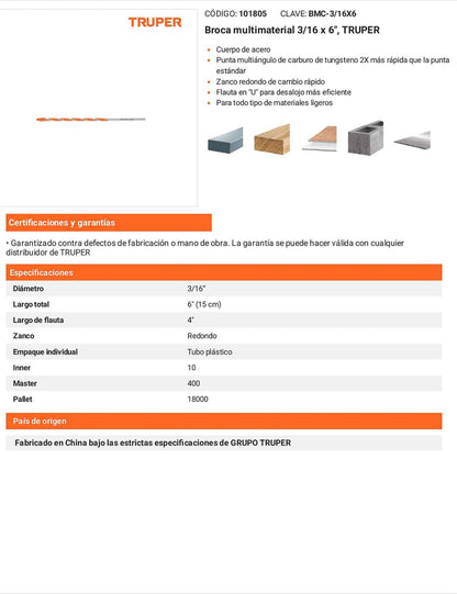 Broca multimaterial 3/16 x 6"