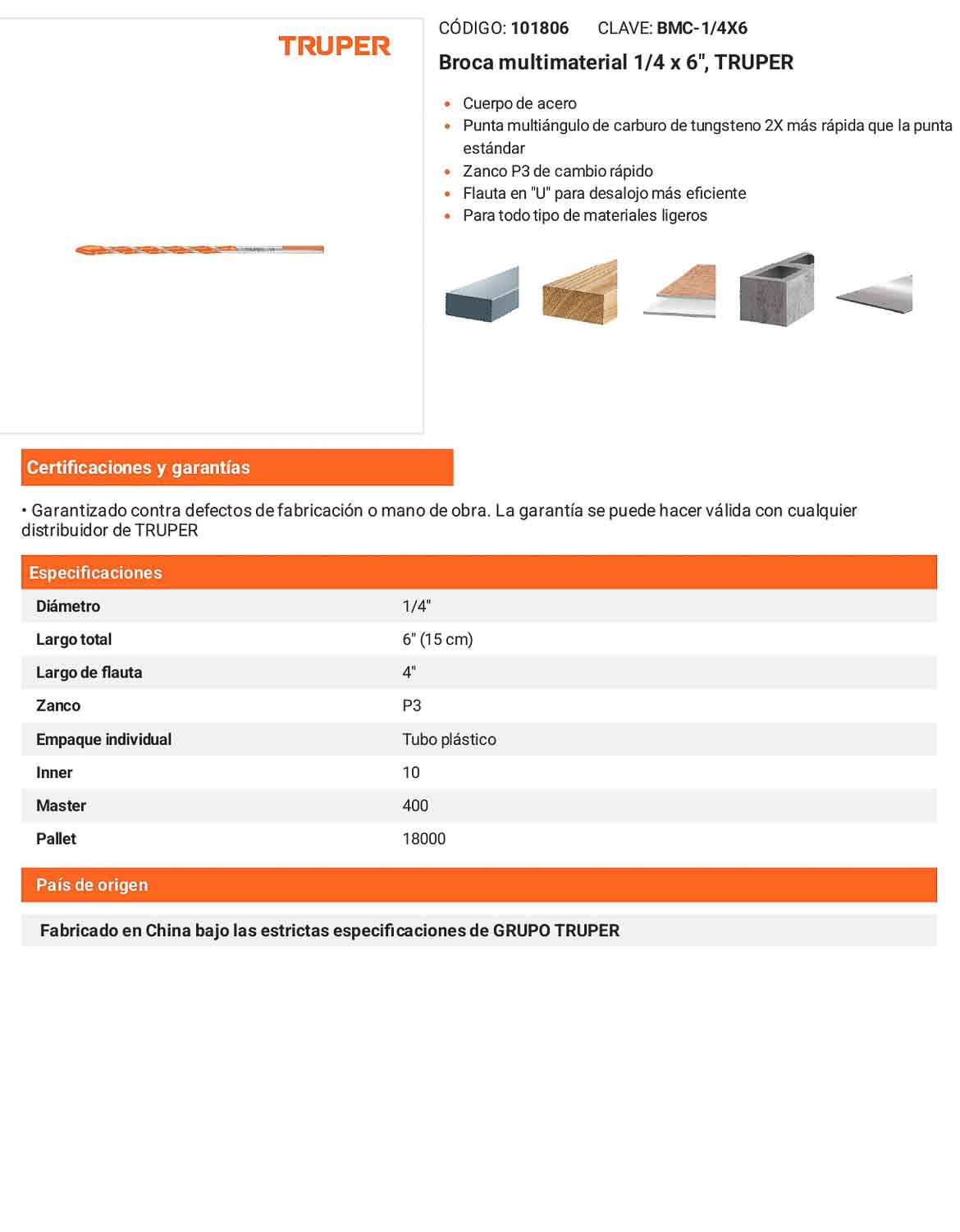 Broca multimaterial 1/4 x 6"